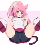  animal_ears arms_up ass bike_shorts black_legwear boots breasts cameltoe cat_ears cat_tail chisato_(missing_park) commentary_request covered_navel green_eyes gundam gundam_build_divers legs_up long_hair lying momo_(gundam_build_divers) on_back open_mouth paw_pose pink_hair ponytail red_skirt shirt shorts skirt sleeveless sleeveless_shirt small_breasts smile solo spread_legs tail thighhighs white_footwear white_shirt yashiro_momoka 