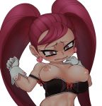  1girl areolae bare_shoulders black_bra blush boku_no_hero_academia bow bra breasts breasts_outside crying earrings gloves heart la_brava medium_breasts nega_samurai nipples purple_eyes purple_hair red_bow sad strap_slip tears twintails upper_body wavy_mouth 