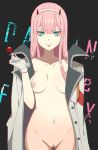 1girl :p aqua_eyes areolae bangs breasts breasts_apart candy commentary_request darling_in_the_franxx edit eyebrows_visible_through_hair food haikimono_shounen hairband horns jacket jacket_on_shoulders lollipop long_hair looking_at_viewer medium_breasts navel nipples nude pink_hair pussy shiny shiny_hair smile solo standing tongue tongue_out uncensored white_hairband zero_two_(darling_in_the_franxx) 