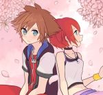  1girl bare_shoulders blue_eyes blush breasts brown_hair camisole cherry_blossoms choker closed_mouth eyebrows_visible_through_hair flower hood hood_down hoodie jewelry jyaco7777 kairi_(kingdom_hearts) kingdom_hearts kingdom_hearts_i looking_at_viewer looking_away midriff necklace open_mouth petals pink_background profile red_hair short_hair short_sleeves sitting sora_(kingdom_hearts) wristband 