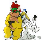  anthro blonde_hair bowser bowserboy101 collar controller dragon duo game_controller hair koopa mario_bros nintendo nogard_krad_nox red_hair scales scalie sitting smile spiked_collar spikes standing tattoo video_games white_scales yellow_scales 