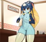  black_eyes blue_hair blue_nipples blue_skin blush breasts clothed clothing female fish fish_humanoid hair humanoid marine minette nipples nisetanaka partially_clothed pussy scales skullgirls small_breasts solo standing yellow_sclera 