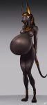  2018 3_toes anklet anthro anubian_jackal areola belly big_belly blue_eyes breasts canine female gold_(metal) headdress jackal jewelry mammal navel necklace nipples nude patch_(artist) pregnant pussy shy simple_background solo standing toes 