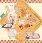  1other animal_ears baking_sheet blush character_name chef_hat chef_uniform doughnut eyebrows_visible_through_hair food fork hat kawasemi27 looking_at_another made_in_abyss medium_hair mitty_(made_in_abyss) nanachi_(made_in_abyss) parted_lips smile spoon standing tail toque_blanche white_hair white_hat yellow_eyes 