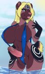  2018 absurd_res anthro balls bear big_breasts bikini blonde_hair blue_eyes breasts clothing dickgirl digital_media_(artwork) erection hair hi_res humanoid_penis intersex lilika_snowheart long_hair looking_at_viewer mammal niis nipple_bulge one_eye_closed partially_submerged penis sling_bikini solo swimsuit water wink 