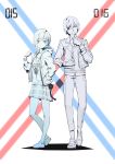  1boy 1girl adjusting_clothes charm_(object) clothes_writing collared_shirt darling_in_the_franxx eyebrows_visible_through_hair gorgeous_mushroom hair_ornament hairclip hand_up headphones height_difference hiro_(darling_in_the_franxx) holding_headphones hooded_jacket ichigo_(darling_in_the_franxx) jacket limited_palette looking_at_viewer necktie open_clothes open_jacket pants pleated_skirt popped_collar profile shirt shoes short_hair skirt smile standing watch wing_collar wristwatch 