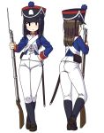  antique_firearm ass bayonet black_eyes black_hair blue_jacket brown_hair contrapposto crossed_ankles crossed_belts epaulettes firearm firelock flintlock gun hand_on_hip hat holding holding_gun holding_weapon jacket leaning_on_object long_hair maruput military military_uniform multiple_girls musket original pants red_collar shako_cap sheath sheathed shoes shoulder_belt socks standing standing_on_one_leg sword uniform weapon white_background 