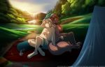  2018 anthro back_to_back barefoot basitin beverage boxers_(clothing) breasts brown_fur camping canine chest_tuft clothed clothing coffee cup detailed_background dialogue digitigrade duo english_text eyes_closed featureless_breasts female fur grass hat hi_res keidran keith_keiser leaning leaning_back male mammal natani nightcap outside pawpads romantic romantic_couple sitting smile sunrise tan_fur tent text tom_fischbach topless tuft twokinds underwear waterfall webcomic wolf yellow_eyes 
