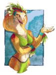  anthro bikini claws clothed clothing cobra female gesturing headdress loincloth looking_at_viewer open_mouth orange_scales partially_clothed reptile scales scalie simple_background smile snake solena solo sturmschwinge swimsuit tribal white_scales yellow_eyes 