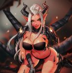  2018 absurdres arm_behind_back artist_name breasts chain commission demon_girl demon_horns ember_(khornette_quest) highres horns huge_filesize khornette_quest large_breasts leirix long_hair looking_at_viewer monster_girl navel o-ring o-ring_top parted_lips pinup pointy_ears ponytail red_skin skull smile solo spikes tail teeth very_long_hair white_hair yellow_eyes 