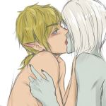  2boys artist_request bare_shoulders black_nails blonde_hair blue_eyes blush couple crossover french_kiss ghirahim grey_skin half-closed_eyes kiss link looking_at_another male_focus multiple_boys nail_polish nintendo nude short_ponytail the_legend_of_zelda the_legend_of_zelda:_breath_of_the_wild the_legend_of_zelda:_skyward_sword upper_body white_hair yaoi 