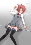  arm_up black_legwear blush brown_hair commentary_request dress gabayo green_eyes grey_dress gundam gundam_build_divers heavy_breathing lying on_back panties pantyshot pantyshot_(lying) school_uniform shirt short_hair solo thighhighs underwear white_panties white_shirt yashiro_momoka 