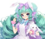  animal_ears apron bangs blue_bow blue_eyes blue_wings bow bowtie bunny bunny_ears closed_mouth commission dress drill_hair eyebrows_visible_through_hair frilled_apron frilled_bow frilled_dress frills green_hair hair_bow head_wings heart heart_print long_hair looking_at_viewer maid miruku_(cutesuu) original pout puffy_short_sleeves puffy_sleeves purple_bow purple_dress runastark short_sleeves simple_background solo stuffed_animal stuffed_toy upper_body very_long_hair white_background wings wrist_cuffs 