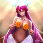  angel_wings black_nails blue_triangular breasts cleavage copyright_name cross feathered_wings halo highres jibril_(no_game_no_life) large_breasts light_smile lipstick long_hair looking_at_viewer low_wings magic_circle makeup nail_polish navel no_game_no_life nude orange_eyes pink_hair red_lipstick solo symbol-shaped_pupils tattoo very_long_hair white_wings wing_ears wings 