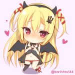  aotsu_karin arihara_nanami asymmetrical_legwear babydoll bangs bare_arms bare_shoulders black_babydoll black_bow black_hairband black_legwear black_wings blonde_hair blush bow chibi demon_girl demon_tail demon_wings eyebrows_visible_through_hair fake_horns hair_between_eyes hair_ornament hair_ribbon hairband hands_up heart heart-shaped_pupils heart_hands heart_tail long_hair looking_at_viewer navel nose_blush pink_background red_eyes red_ribbon ribbon riddle_joker simple_background single_thighhigh solo standing succubus symbol-shaped_pupils tail thighhighs twitter_username two_side_up underwear underwear_only very_long_hair wings 