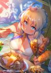  ahoge artoria_pendragon_(all) artoria_pendragon_(swimsuit_archer) bikini_top blonde_hair blue_sky blurry blush braid breasts cherry chopsticks cleavage cloud commentary_request corn corndog cup depth_of_field drinking_straw eating egg egg_yolk fate/stay_night fate_(series) food fruit green_eyes hangetsuban_sonshou ikayaki looking_at_viewer noodles pixiv_fate/grand_order_contest_2 plate sky solo squid upper_body wind_chime 