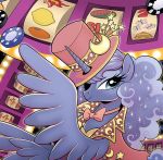  2018 alternate_hairstyle blue_feathers bow_tie brenda_hickey casino clothed clothing cosmic_hair crescent_moon cute equine eyelashes eyeshadow feathered_wings feathers female feral friendship_is_magic half-length_portrait hat horn inside makeup mammal mascara moon my_little_pony poker_chip portrait pose princess_luna_(mlp) slot_machine smile solo sparkles star suit teal_eyes top_hat winged_unicorn wings 