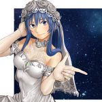  blue_eyes blue_hair breasts bride closed_mouth commentary dress elbow_gloves gloves halterneck highres kilye_4421 long_hair looking_at_viewer maria_traydor smile solo star_ocean star_ocean_anamnesis star_ocean_till_the_end_of_time wedding_dress 