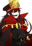  :d belt black_hair double-breasted fangs fate/grand_order fate_(series) hat highres j.k. katana koha-ace long_hair looking_at_viewer oda_nobunaga_(fate) open_mouth red_eyes sheath sheathed simple_background smile solo sword teeth tongue very_long_hair weapon white_background 