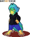 2018 animated avian beak bird blue_feathers blue_hair blush briefs casual_nudity clothing digital_media_(artwork) feathers flaccid green_feathers hair hoodie jeans loop male nude pants parrot patrigue pelao0o penis pixel_(artwork) pixel_animation shirt smile solo standing talons tighty_whities underwear undressing yellow_eyes 