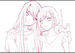 alternate_costume bangs bob_cut closed_mouth darling_in_the_franxx hair_ornament hairband_removed hairclip head_tilt horns ichigo_(darling_in_the_franxx) leaning_on_person long_hair looking_at_viewer monochrome multiple_girls npn oni_horns short_hair sketch smile straight_hair very_long_hair zero_two_(darling_in_the_franxx) 