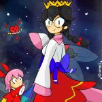  2girls black_hair blue_ribbon braid commentary crown crystal crystal_shard dress fairy fairy_wings glasses hair_ornament hair_ribbon highres kirby_(series) kirby_64 lenox long_dress long_sleeves looking_at_viewer looking_back multiple_girls nintendo pink_hair red_ribbon ribbon ribbon_(kirby) ripple_star ripple_star_queen short_hair sleeves_past_fingers sleeves_past_wrists smile standing twin_braids twitter_username wings 