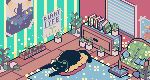  2018 bedroom book cat cat_bed chair detailed_background digital_media_(artwork) feline feral inside isometric mammal paperfinch pixel_(artwork) plant poster rug sleeping solo window 