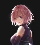  absurdres black_background blue_eyes breasts detached_sleeves eyebrows_visible_through_hair fate/grand_order fate_(series) hair_between_eyes highres looking_at_viewer looking_back mash_kyrielight medium_breasts milu_(pixiv8523021) parted_lips pink_hair short_hair sideboob simple_background smile solo upper_body 
