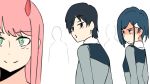  1boy 1girl 2girls bangs black_hair blue_hair coolisushi couple darling_in_the_franxx eyebrows_visible_through_hair fringe green_eyes hair_ornament hairclip hetero hiro_(darling_in_the_franxx) horns ichigo_(darling_in_the_franxx) long_hair looking_at_another looking_back military military_uniform multiple_girls oni_horns pink_hair red_horns short_hair uniform white_hairclip zero_two_(darling_in_the_franxx) 