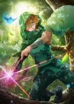  arrow bird blurry bow_(weapon) commentary_request crossbow depth_of_field fate/extra fate/grand_order fate_(series) green_eyes hair_over_one_eye highres holding holding_weapon hood kaboplus_ko leaf male_focus orange_hair pixiv_fate/grand_order_contest_2 robin_hood_(fate) solo tree weapon 