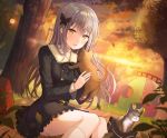  absurdres animal bag bang_dream! bangs belt black_dress black_neckwear bow bowtie butterfly_hair_ornament cat double-breasted dress fur_collar grey_hair hair_ornament highres holding holding_animal long_hair long_sleeves minato_yukina open_mouth outdoors playground sitting solo sunset tokkyu_(user_mwwe3558) tree yellow_eyes 