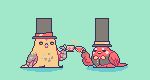  2018 avian bird bottomless bow_tie clothed clothing cup cyan_background digital_media_(artwork) duo feathers gentleman hat holding_object paperfinch pixel_(artwork) red_feathers tea_cup toasting top_hat vest yellow_feathers 