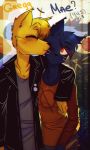  black_fur canine cat clothed clothing crazy-matroskin55 duo english_text feline female fox fur gregg_(nitw) jacket mae_(nitw) male male/female mammal night_in_the_woods red_eyes romantic romantic_couple text yellow_fur 