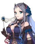  aqua_eyes blue_eyes blue_hair breasts center_frills cleavage commentary commission demon_girl demon_horns english_commentary flower forehead frills gradient_hair grey_hair head_chain horns lace long_hair looking_at_viewer mask multicolored_hair original pink_hair red_hair rose runastark too_many too_many_frills transparent_background upper_body wavy_hair 