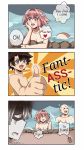  3koma astolfo_(fate) bald comic commentary cross_scar fang fate/apocrypha fate/grand_order fate_(series) fujimaru_ritsuka_(male) highres houzouin_inshun_(fate/grand_order) maroonabyss multicolored_hair multiple_boys open_mouth otoko_no_ko pink_hair prank purple_eyes scar speech_bubble streaked_hair 