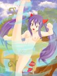  1girl absurdres anus arms_up barefoot blue_sky breasts clenched_hands clitoris collarbone day energy eyebrows_visible_through_hair fairy_tail female hair_ornament highres kicking leg_up long_hair looking_at_viewer mushroom nipples nude open_mouth orange_eyes outdoors planeptune purple_hair pussy shiny shiny_hair shiny_skin sky small_breasts solo spread_legs standing standing_on_one_leg teeth tied_hair twintails uncensored urethra wendy_marvell 