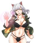  absurdres animal_ears bag black_bra black_hanekawa black_panties bra breasts cat_ears cleavage commentary_request guard_hono handbag hanekawa_tsubasa highres jacket large_breasts lingerie long_hair looking_at_viewer midriff monogatari_(series) navel open_clothes open_jacket open_mouth panties silver_hair slit_pupils solo stomach underwear yellow_eyes 