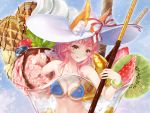  :q animal_ears bikini bird blue_bikini breast_press breasts cleavage ears_through_headwear fate/extra fate/grand_order fate_(series) food fox_ears fox_tail fruit hat ice ice_cream kiwi_slice kiwifruit long_hair looking_at_viewer medium_breasts navel parfait pink_hair pocky solo strawberry sun_hat sundae swimsuit tail tamamo_(fate)_(all) tamamo_no_mae_(fate) tamamo_no_mae_(swimsuit_lancer)_(fate) tongue tongue_out upper_body wafer_stick waffle white_hat yellow_eyes youqiniang 