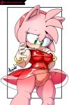  2018 amy_rose anthro argento blush bracelet breasts clothed clothing digital_media_(artwork) dress embarrassed eyelashes female gloves green_eyes hair hairband hedgehog hi_res jewelry looking_down mammal nipple_bulge nipples patreon pink_hair pussy short_hair solo sonic_(series) thick_thighs tight_clothing translucent transparent_clothing upskirt url 