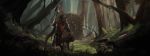  absurd_res anthro armor barrier canine chain claws cloak clothed clothing depth_of_field detailed_background digital_media_(artwork) digital_painting_(artwork) energy fantasy forest gate godrays grass greaves hammer hi_res high_contrast kadinarts kneeling leather leather_armor leaves lineless_art magic magical_barrier male mammal melee_weapon outside painted partial_petrification petrification ruins sad shaded shadow shoulder_guard solo sunrays tools tree v-0-1-d vambraces vines weapon wolf 