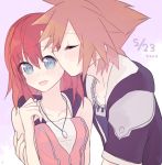  1girl blue_eyes breasts brown_hair closed_mouth hood hoodie jewelry jyaco7777 kairi_(kingdom_hearts) kingdom_hearts kingdom_hearts_ii kiss medium_hair necklace short_hair sora_(kingdom_hearts) spiked_hair 