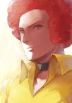  black_choker choker closed_mouth collared_shirt face grey_eyes kurochiroko male_focus ooba_(pokemon) pokemon pokemon_(game) pokemon_dppt red_hair shirt simple_background smirk solo white_background yellow_shirt 