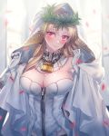  backlighting bangs bare_shoulders blonde_hair blurry blush breasts bridal_veil bursting_breasts chain cleavage closed_mouth commentary_request cosplay cowboy_shot day depth_of_field detached_collar detached_sleeves earrings elbow_gloves ereshkigal_(fate/grand_order) eyebrows_visible_through_hair fate/extra fate/grand_order fate_(series) full-length_zipper gloves hair_between_eyes hands_up head_tilt head_wreath heart heart_print highres hips hoop_earrings indoors jewelry juliet_sleeves large_breasts leaf leotard light_particles light_smile lock long_hair long_sleeves looking_at_viewer moe_(hamhamham) nero_claudius_(bride)_(fate) nero_claudius_(bride)_(fate)_(cosplay) nero_claudius_(fate)_(all) padlock parted_bangs puffy_sleeves red_eyes ribbon_trim smile solo stained_glass standing straight_hair strapless strapless_leotard sunlight turtleneck veil very_long_hair white_gloves white_leotard white_sleeves wide_sleeves wreath zipper zipper_pull_tab 
