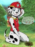  animal_genitalia anthro balls bottomless canine clothed clothing collar cub dalmatian diacordst_(artist) dog fire firefighter flaccid fur kneeling looking_at_viewer male mammal marshall_(paw_patrol) mostly_nude paw_patrol penis penis_tip sheath smile solo sweat text translated urine young 