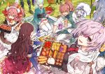  4girls :d animal_ear_fluff animal_ears apple apron basket black_dress black_footwear blue_gloves blue_legwear boots bottle brown_eyes brown_hair cat_ears chopsticks creature dress egg elbow_gloves fate/grand_order fate_(series) food fou_(fate/grand_order) fruit gloves hair_over_one_eye hanakeda_(hanada_shiwo) holding holding_food kiyohime_(fate/grand_order) knee_boots labcoat lavender_hair leonardo_da_vinci_(fate/grand_order) long_hair looking_at_viewer mash_kyrielight merlin_(fate) multiple_girls necktie obentou onigiri open_mouth out_of_frame petals picnic pink_hair pixiv_fate/grand_order_contest_2 ponytail pouring purple_eyes red_neckwear romani_archaman seiza short_hair sitting smile staff tamamo_(fate)_(all) tamamo_cat_(fate) tempura thighhighs white_apron 