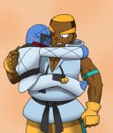  &gt;_&lt; 2017 aoi_k3 armband belt biceps biped black_belt black_nose blonde_hair blue_skin blush brown_skin buzzcut carrying clothed clothing cute dark_skin digital_drawing_(artwork) digital_media_(artwork) duo embrace eyebrows eyes_closed fingerless_gloves gloves hair happy hug human human_on_humanoid humanoid interspecies japanese karate_uniform male male/male mammal marshal_(pok&eacute;mon) muscular muscular_male nintendo not_furry nuzzling one_eye_closed open_mouth open_smile orange_background pants pok&eacute;mon pok&eacute;mon_(species) portrait sawk shirt shorts simple_background size_difference smile standing thick_eyebrows three-quarter_portrait toony uniform video_games white_clothing yellow_clothing 