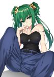  bare_shoulders bell belt breasts collarbone commentary commission cui_yifei english_commentary eyebrows_visible_through_hair green_eyes green_hair hair_bell hair_between_eyes hair_ornament head_tilt healther jingle_bell long_hair looking_at_viewer medium_breasts muvluv muvluv_alternative pants simple_background sitting smile solo spread_legs strap_slip twintails v-shaped_eyebrows white_background 