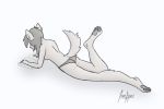  2018 anthro barefoot book breasts butt canine clothed clothing digital_media_(artwork) female fur hair hi_res hindpaw humanoid_hands jaan&amp;paw long_hair lying mammal monochrome panties pawpads paws raised_tail reading side_boob simple_background sketch solo topless underwear white_background wolf 