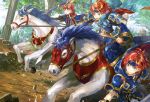  blue_eyes cape cosplay durandal_(fire_emblem) eliwood_(fire_emblem) eliwood_(fire_emblem)_(cosplay) fire_emblem fire_emblem:_fuuin_no_tsurugi fire_emblem:_rekka_no_ken fire_emblem_heroes headband horse multiple_persona noki_(affabile) red_hair roy_(fire_emblem) short_hair smile sword weapon 