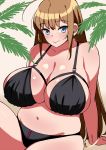  bare_shoulders beach belly bikini black_bikini blue_eyes breasts brown_hair cleavage collarbone earrings highres huge_breasts jewelry komusou_(jinrikisha) long_hair navel ooba_minori original skindentation smile solo swimsuit thick_thighs thighs very_long_hair 